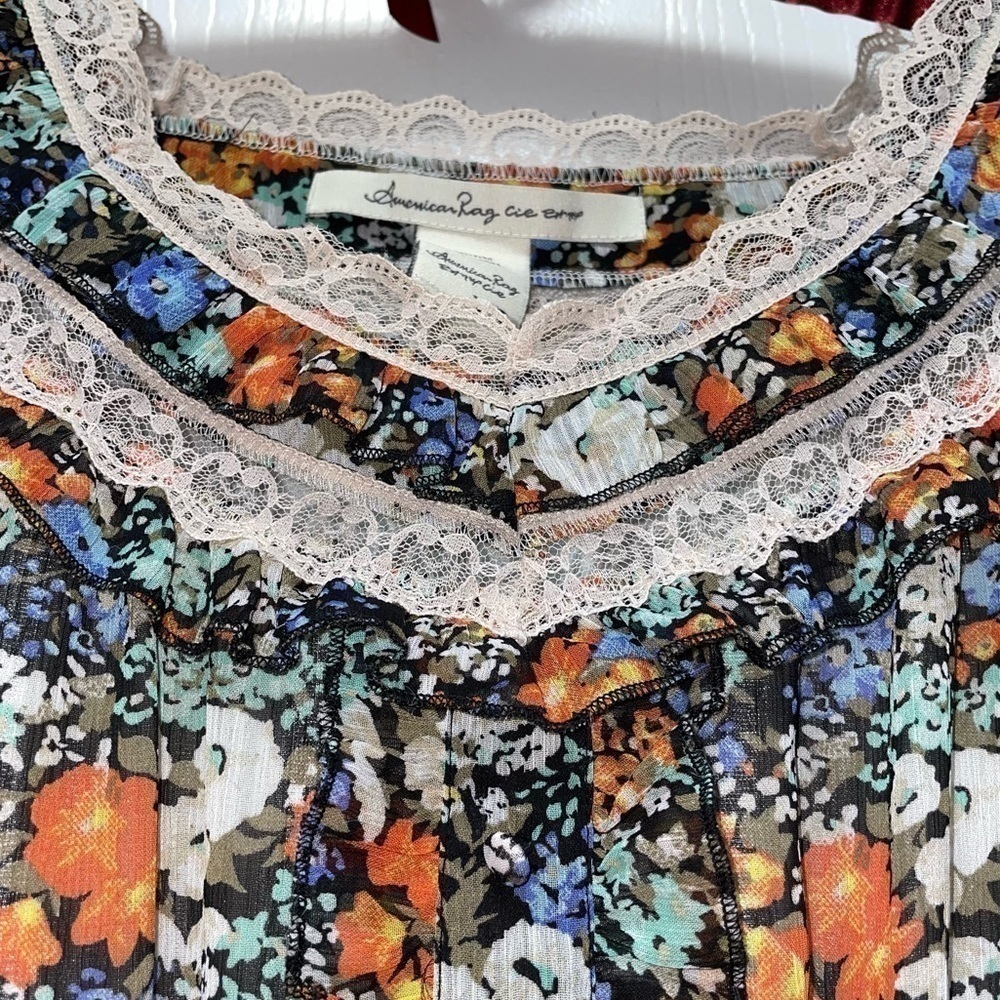 American Rag Cie Dress Mini Floral Print Lace Neckline Ruffles Fit and Flare XS - Picture 8 of 11